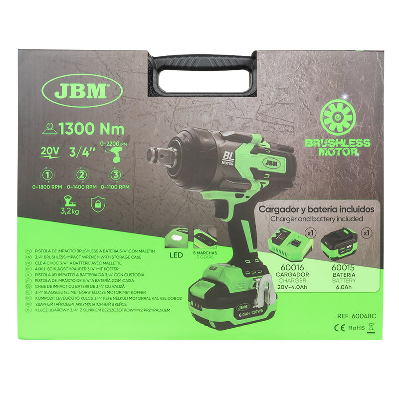 PISTOLA DE IMPACTO BRUSHLESS A BATERÍA 3/4" 1300NM CON MALETÍN - 60048C