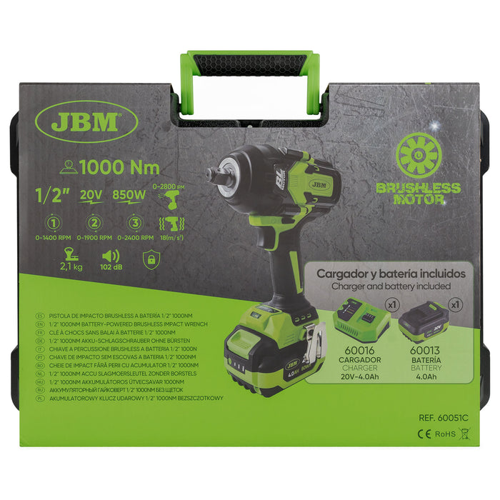 PISTOLA DE IMPACTO BRUSHLESS A BATERÍA 1/2" 1000NM CON MALETÍN -60051C