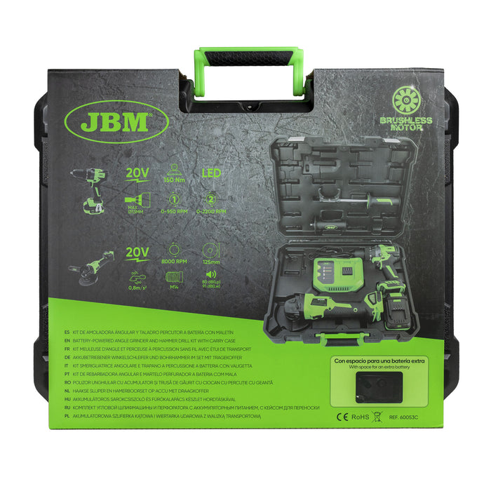 KIT DE AMOLADORA ÁNGULAR Y TALADRO PERCUTOR A BATERÍA CON MALETÍN -60053C