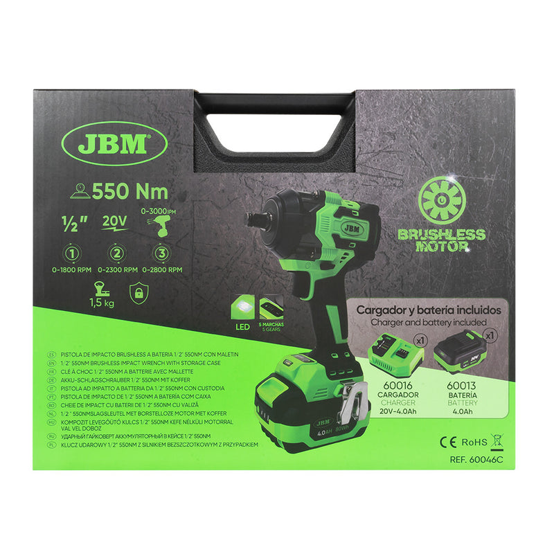 PISTOLA DE IMPACTO BRUSHLESS A BATERÍA 1/2" 800NM CON MALETÍN - 60046C