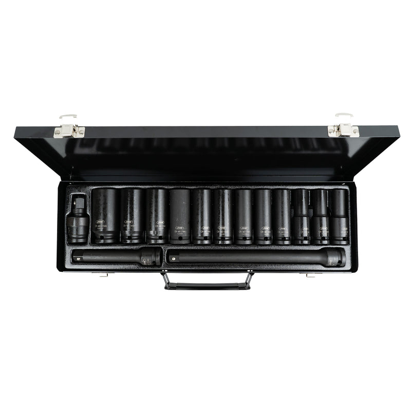 SET DE 15 PIEZAS DE IMPACTO CON 12 VASOS LARGOS DE 1/2" HEXAGONALES + ADAPTADORES - 52346