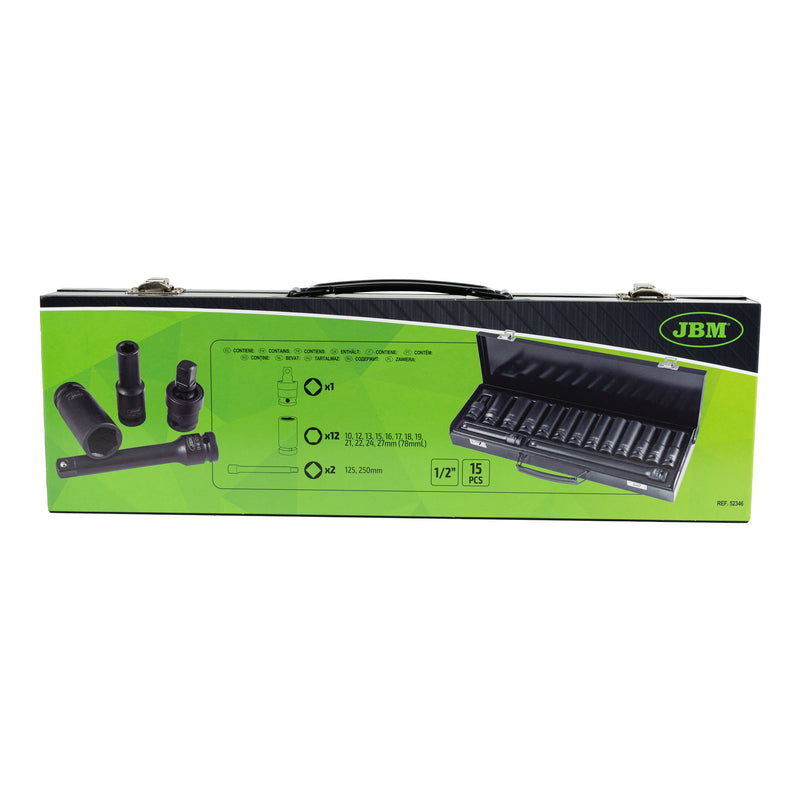 SET DE 15 PIEZAS DE IMPACTO CON 12 VASOS LARGOS DE 1/2" HEXAGONALES + ADAPTADORES - 52346