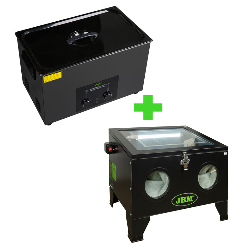 LIMPIADOR DE PIEZAS ULTRASÓNICO 30L + MÁQUINA CHORREADORA DE ARENA 90L - SERIE491