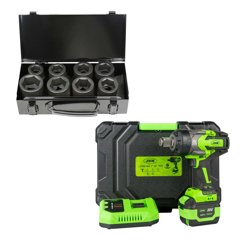 PISTOLA DE IMPACTO BRUSHLESS A BATERÍA 1" 2300NM CON MALETÍN + SET DE 8 VASOS - SERIE550